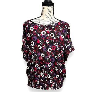 Michael Kors L Azalea Floral Black Blouse Roll Tab Sleeve Gold Button Retro Boho